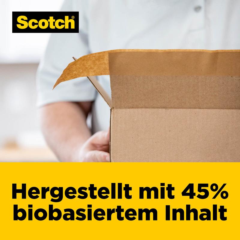Henkilö pitää avointa laatikkoa. Vasemmassa yläkulmassa näkyy 3M-logo. Alhaalla oleva keltainen banneri näyttää: "Valmistettu 45 % biopohjaisesta sisällöstä." Täydellinen Scotch® Box Lock™ paperipakkausteipille, 48 mm x 22,8 m.