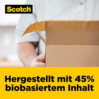 Henkilö pitää avointa laatikkoa. Vasemmassa yläkulmassa näkyy 3M-logo. Alhaalla oleva keltainen banneri näyttää: "Valmistettu 45 % biopohjaisesta sisällöstä." Täydellinen Scotch® Box Lock™ paperipakkausteipille, 48 mm x 22,8 m.