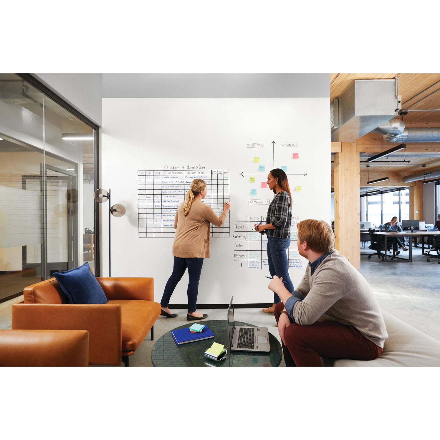 Kolme henkilöä istuu modernissa toimistossa. Kaksi käyttää 3M Deutschland GmbH:n Post-it® Easy Erase Whiteboard -pintaa, valkoinen, ja lisäävät kaavioita ja muistilappuja; yksi istuu sohvalla kannettavan tietokoneen kanssa. Suuret ikkunat ja avoin työtila ovat näkyvissä.