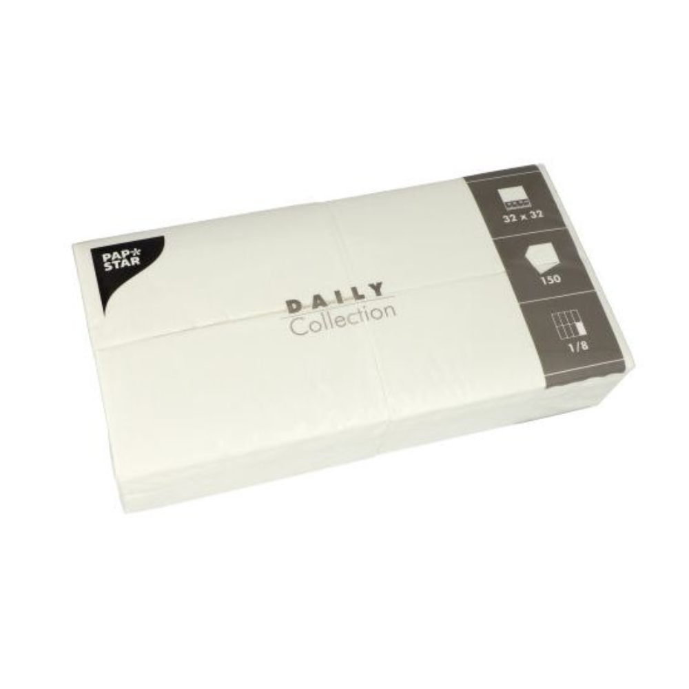 Valkoinen pakkaus "DAILY Collection" -lautasliinoja PAPSTAR GmbH:ltä sisältää 150 lautasliinaa, kooltaan 32 x 32 cm, ihanteellisia pöytäkoristelun parantamiseen. Pakkauksessa on mainittu, että lautasliinat ovat taiteltu kahdeksasosina.