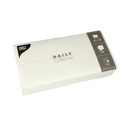 Valkoinen pakkaus "DAILY Collection" -lautasliinoja PAPSTAR GmbH:ltä sisältää 150 lautasliinaa, kooltaan 32 x 32 cm, ihanteellisia pöytäkoristelun parantamiseen. Pakkauksessa on mainittu, että lautasliinat ovat taiteltu kahdeksasosina.