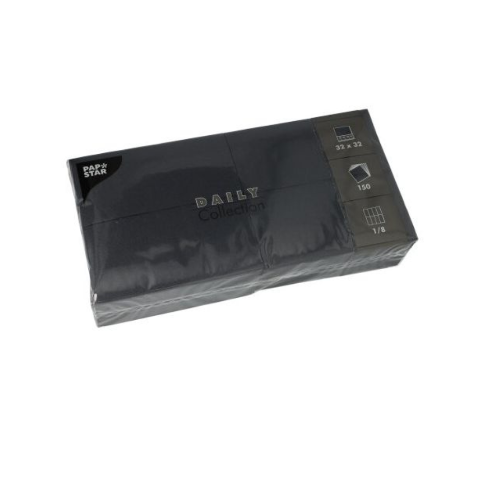 Tyylikäs musta paketti PAPSTAR "DAILY Collection" -serviettejä PAPSTAR GmbH:ltä sopii täydellisesti pöytäkoristeluun. 150 serviettiä käytännöllisessä 32 x 32 cm koossa ja elegantilla 1/8-taitolla tarjoavat sekä tyyliä että kestävää mukavuutta jokaiseen tilaisuuteen.