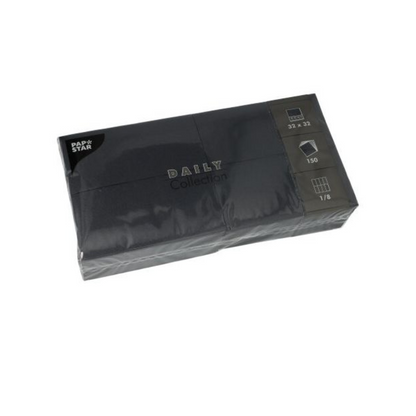 Tyylikäs musta paketti PAPSTAR "DAILY Collection" -serviettejä PAPSTAR GmbH:ltä sopii täydellisesti pöytäkoristeluun. 150 serviettiä käytännöllisessä 32 x 32 cm koossa ja elegantilla 1/8-taitolla tarjoavat sekä tyyliä että kestävää mukavuutta jokaiseen tilaisuuteen.