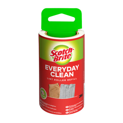 Eine Scotch-Brite™ Everyday Clean Ersatz-Fusselrolle von 3M Deutschland GmbH, mit rot-grünem Etikett und Bild von Pullover & Schlauch, enthält 30 Blatt pro Packung (1 Stück).