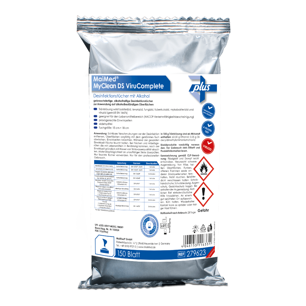MaiMed MyClean DS ViruComplete Refill 120 kappaletta. Pyyhkeet liotettu-neutraali 15x18cm | Pakkaus (150 kpl)