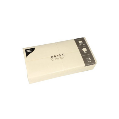 Pakkaus beigejä paperiserviettejä, ihanteellinen pöytäkoristeluun, "DAILY Collection" -merkinnällä PAPSTAR GmbH:ltä. Pakkaus sisältää symboleja, jotka osoittavat mitat (32 x 32 cm), määrän (150) ja taittotyypin (1/8), joten saat sekä tyylikkäitä serviettejä että kestävää mukavuutta kokoontumisiisi.