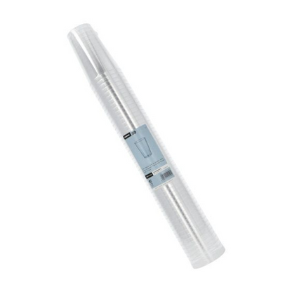 Läpinäkyvien Starpak-muovimukien pino, pakattuna läpinäkyvään pakkaukseen, jossa on sininen etiketti, jossa ilmoitetaan 50 mukia.