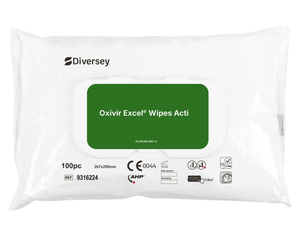 Diversiyey oxivir® Excel Pyyhi desinfiointipyyhkeet, joilla on laaja valikoima vaikutuksia | Paketti (100 pyyhkettä)