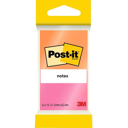 Pakkaus 3M Post-it® Notes Joyful Collectionista (76 mm x 63,5 mm, 75 arkkia/lohko, 2 lohkoa/pakkaus) on pakattu kelta-valkoiseen pakkaukseen, jossa on vaaleanpunainen väriliuku ja 100% PEFC-sertifikaatti (SGSCH-PEFC-COC-110078).