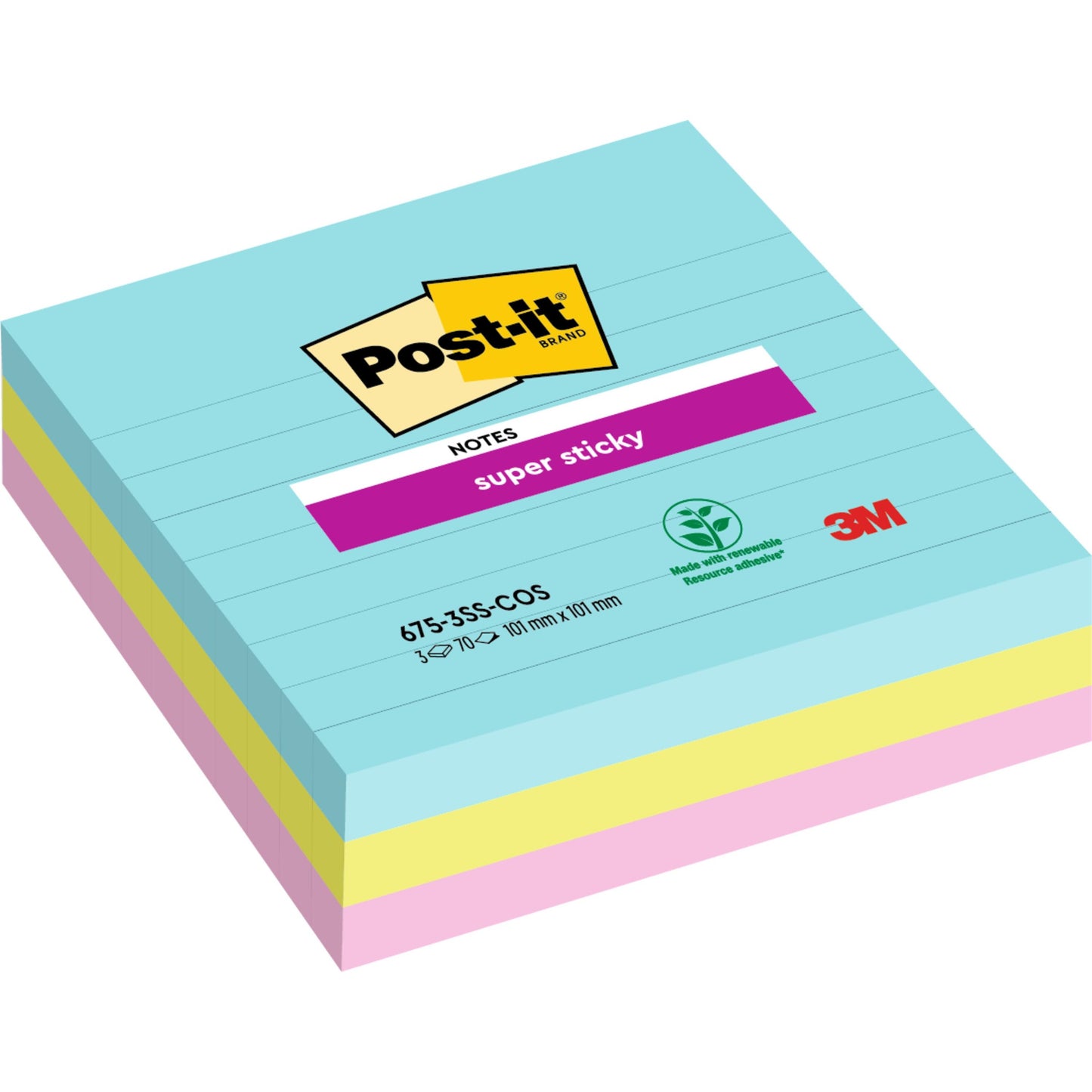 Pino Post-it® Super Sticky Notes -muistilappuja isossa koossa (101 mm x 101 mm, 70 arkkia/lohko, 100% PEFC) 3M Deutschland GmbH:lta sinisenä, keltaisena ja pinkkinä, päällä Post-it®- ja Super Sticky -etiketti.