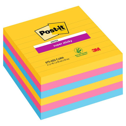 Pino suurikokoisia Post-it® Super Sticky Notes -muistilappuja (101 mm x 101 mm, 90 arkkia/lohko, 100 % PEFC) 3M Deutschland GmbH:lta, joissa vuorottelevat keltaiset, siniset ja vaaleanpunaiset arkit logolla ja kierrätyssymbolilla pakkauksessa.