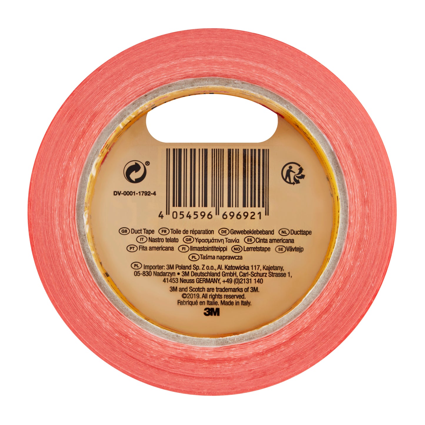 Eine orangefarbene Rolle Scotch® High Visibility Klebeband (25 m x 48 mm, 6 STK./PACKUNG) der 3M Deutschland GmbH ist von oben mit Barcode, Produktinfo und mehrsprachigem "Klebeband" auf dem Kern abgebildet und verdeutlicht den vielseitigen Einsatz.