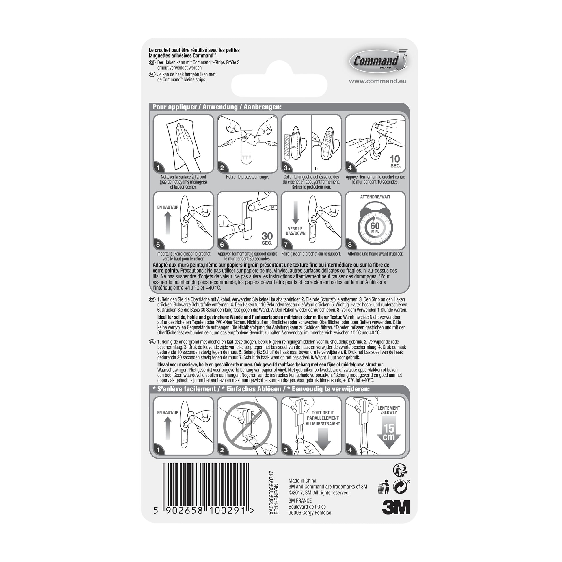 Auf der Rückseite der Command™ Metallhaken "klassisch"-Verpackung der 3M Deutschland GmbH befinden sich eine bebilderte Schritt-für-Schritt-Anleitung zur Anwendung und Entfernung, mehrsprachige Tipps und Sicherheitshinweise sowie ein Barcode und Logos am unteren Rand.