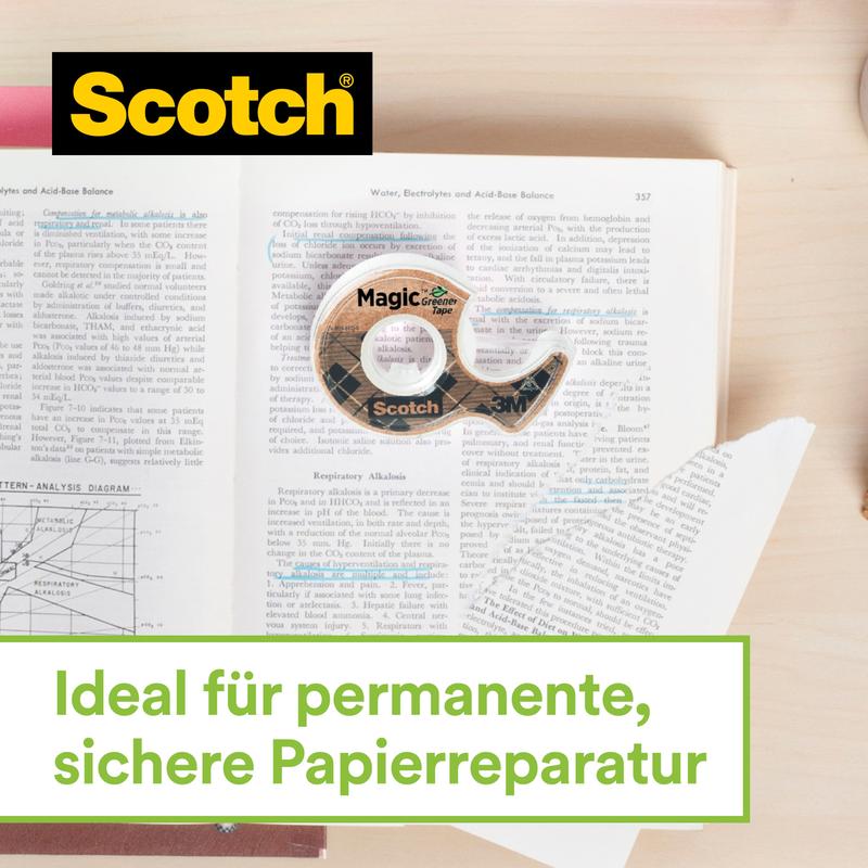 Scotch™ ruostumattomasta teräksestä valmistettu teippiteline hopea Scotch® Magic™ teipillä (66% kasvipohjainen liima, 19 mm x 13,9 m, 2 rullaa) 3M Deutschland GmbH:lta soveltuu erinomaisesti turvallisiin, pysyviin paperikorjauksiin.