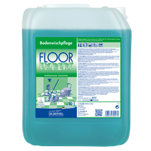 Ein 10-Liter-Gebinde von Dr. Schnell FLOOR EXPERT der DR.SCHNELL GmbH & Co. KGaA ist mit einem grün-blauen Etikett mit Reinigungsmaschinengrafik und deutscher Anleitung versehen. Die blau-grüne Flüssigkeit ist ideal für die professionelle Bodenreinigung.