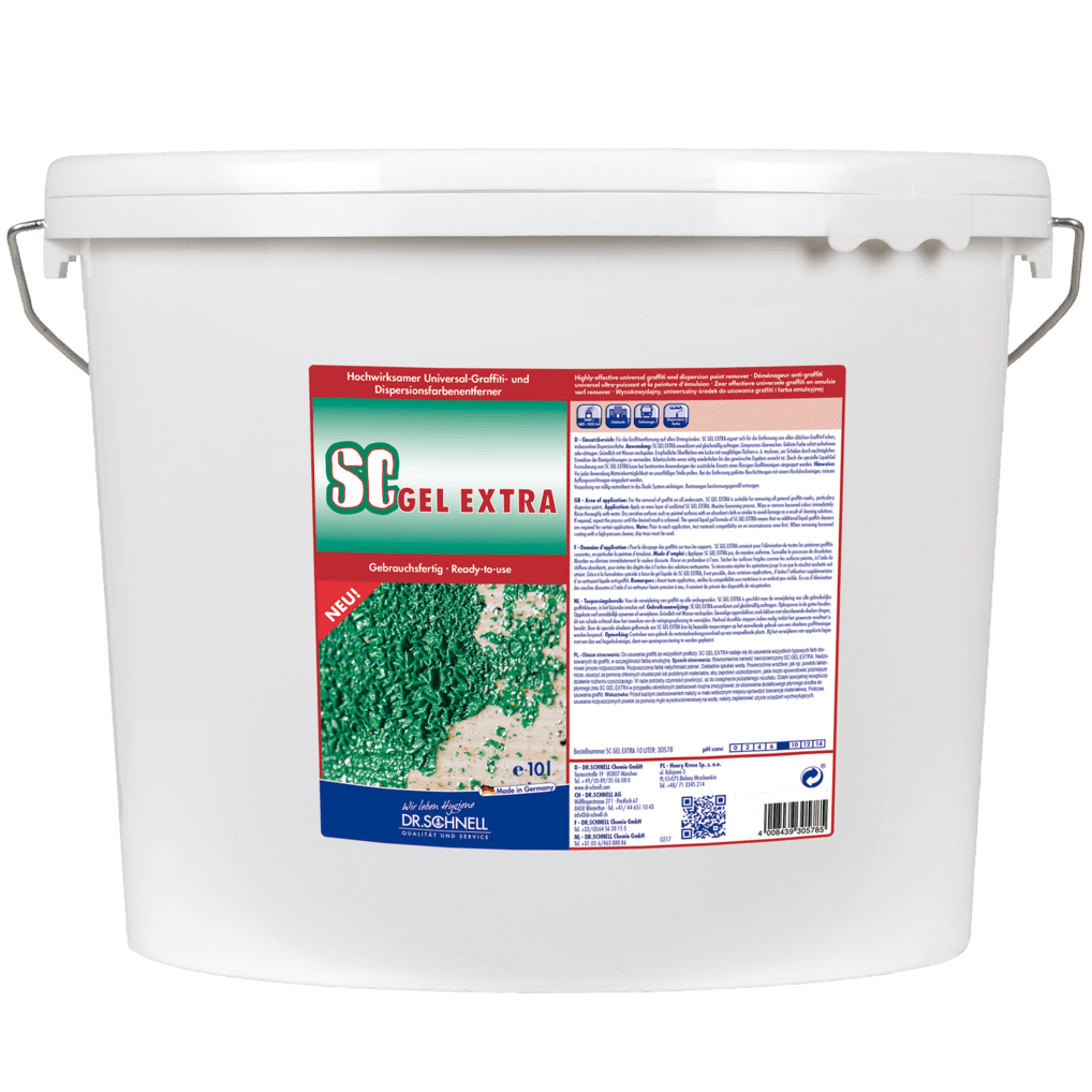 Valkoinen 10 litran muovisanko, jossa on kahva ja teksti "Dr. Schnell SC GEL EXTRA Graffitientferner" DR.SCHNELL GmbH & Co. KGaA:lta, on varustettu saksankielisellä etiketillä, joka korostaa innovatiivista geelikaavaa, käyttöohjeita ja viivakoodia universaaliin graffitinpoistoon.