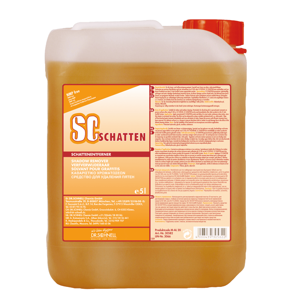 5 litran kanisteri DR.SCHNELL GmbH & Co. KGaA:n Dr. Schnell SC SCHATTEN graffitinpoistoainetta, joka on tehokas graffitivarjojen poistaja, tuotetiedoilla ja monikielisellä ohjeella etiketissä.