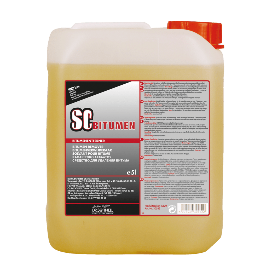 5 litran muovikanisteri Dr. Schnell SC BITUMEN -graffitinpoistoainetta DR.SCHNELL GmbH & Co. KGaA:lta on varustettu punaisella kannella, monikielisellä varoitusmerkinnällä ja se on ihanteellinen voimakkaana pintapuhdistusaineena sitkeille jäämille.