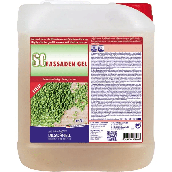 5 litran pakkaus Dr. Schnell SC FASSADEN GEL Anti-Graffiti-järjestelmä DR.SCHNELL GmbH & Co. KGaA:lta, läpinäkyvässä säiliössä, jossa on punaiset ja violetit etiketit sekä kaksikieliset tuotetiedot tehokkaaseen graffitien poistoon.