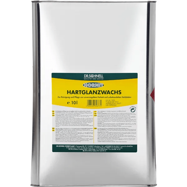 10 litran pakkaus Dr. Schnell HORNIT-kiiltovahaa DR.SCHNELL GmbH & Co. KGaA:lta, ihanteellinen ammattimaiseen rakennusten puhdistukseen ja lattianhoitoon, sopii lakatuille parketeille ja lakkaamattomille puulattioille.