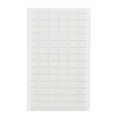 Suorakulmainen arkki 3M Deutschland GmbH:n Scotch-FIX™ irrotettavia kiinnitystyynyjä 301008C36-P (11 mm x 15 mm, 36 kpl/pakkaus) näyttää useita rivejä ja sarakkeita valkoisia, vahvasti tarttuvia, irrotettavia tyynyjä valkoisella taustalla.