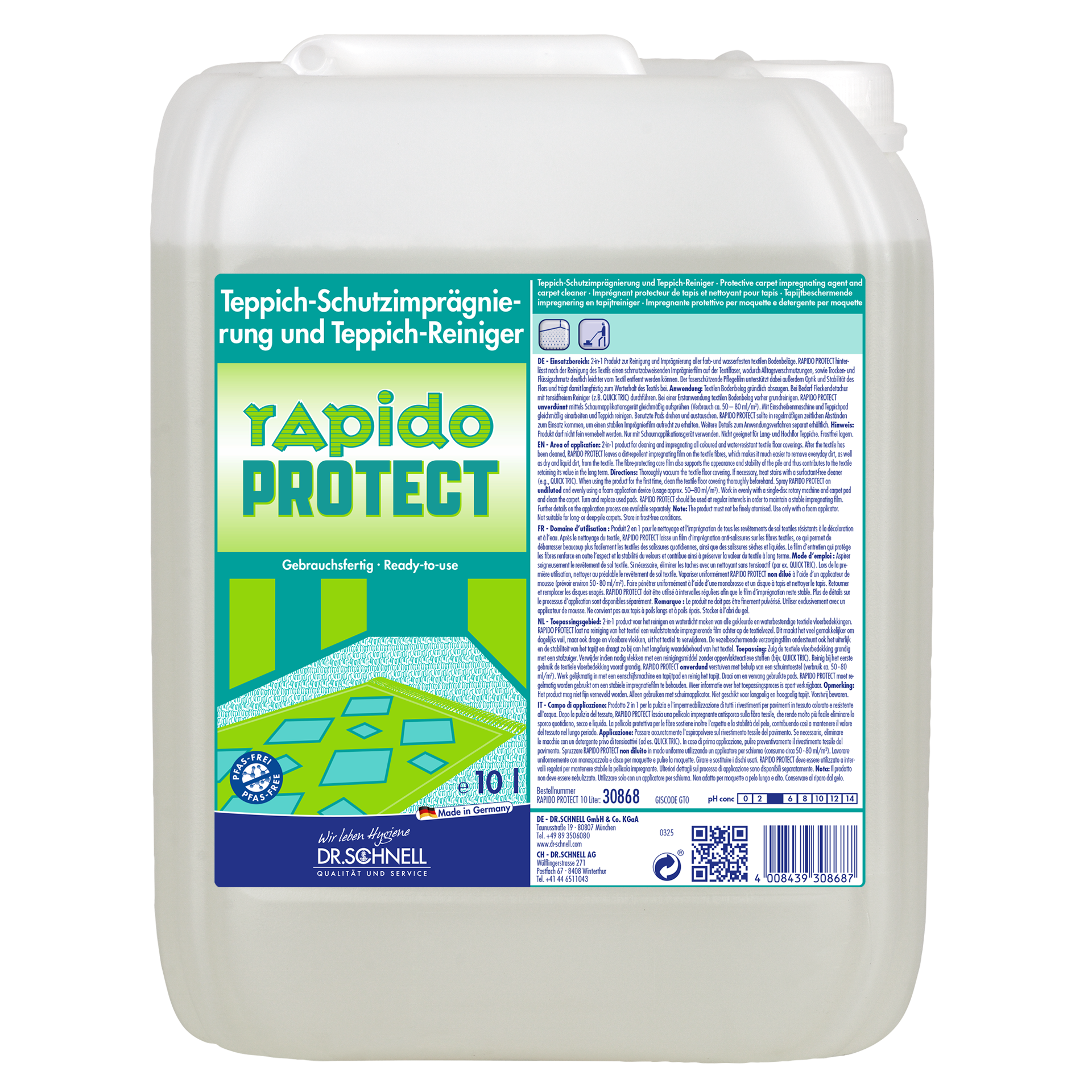 Ein 10L Kanister Dr. Schnell RAPIDO PROTECT Fahrzeugreinigung, Teppich-Reiniger und Imprägnierung von DR.SCHNELL GmbH & Co. KGaA, mit deutschem Etikett und Teppich-Grafik. Ideal für die Fahrzeugreinigung.