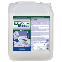 Ein großer weißer Kunststoffbehälter Dr. Schnell TOPCARE FLOORFIT von DR.SCHNELL GmbH & Co. KGaA mit einem blau-grünen Etikett mit Produktangaben, Anweisungen, Symbolen und der Abbildung eines Wischmopps mit glänzendem Boden für streifenfreie Ergebnisse.