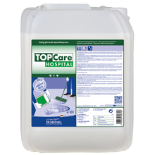 Ein 10-Liter-Kanister der Dr. Schnell TOPCARE HOSPITAL Gebäudereinigung Spezialdispersion der DR.SCHNELL GmbH & Co. KGaA, ideal für die Krankenhausreinigung, mit blau-grünem Etikett und Gebrauchsanweisung sowie einer Abbildung von Mopp und Eimer.