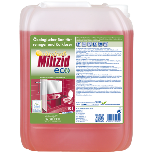 Ein großer, halbtransparenter Kunststoffbehälter mit weißem Deckel, gefüllt mit roter Flüssigkeit. Auf dem Etikett steht "Dr. Schnell MILIZID CITROFRESH ECO Sanitärreiniger" von DR.SCHNELL GmbH & Co. KGaA und zeigt Abbildungen von Badezimmern und Toiletten.