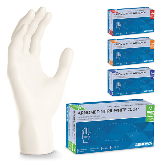 Ein weißer ARNOMED NITRIL WHITE 200er Nitrilhandschuh der ARNOWA GmbH steht neben vier Kartons in verschiedenen Größen - klein, mittel, groß und extragroß - mit jeweils unterschiedlichen Farbetiketten.