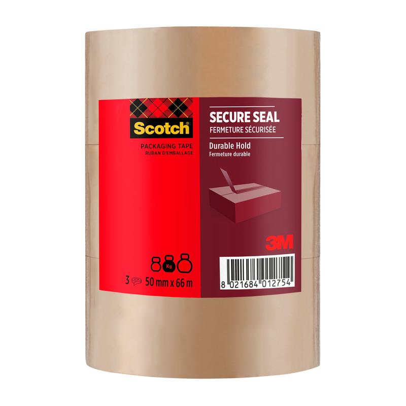 Yksi rulla Scotch®-pakkausteippiä turvalliseen sulkemiseen, 50 mm x 66 m, 3M Deutschland GmbH:lta on varustettu punaisella etiketillä, jossa on tuotetiedot ja viivakoodi; teippi on läpinäkyvä.