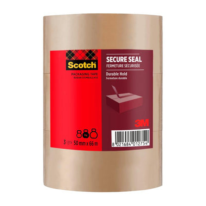 Yksi rulla Scotch®-pakkausteippiä turvalliseen sulkemiseen, 50 mm x 66 m, 3M Deutschland GmbH:lta on varustettu punaisella etiketillä, jossa on tuotetiedot ja viivakoodi; teippi on läpinäkyvä.