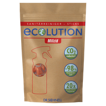 Ein brauner wiederverschließbarer Beutel mit der Aufschrift "Dr. Schnell ECOLUTION Milizid Sticks, pulverförmiger Sanitärreiniger/Kalklöser (60 g)" der DR.SCHNELL GmbH & Co. KGaA zeigt Icons: "CO2 reduziert!", "-98% Verpackungsmüll", "20x 0,5L Anwendungslösung" und eine rote Sprühflaschenkontur.
