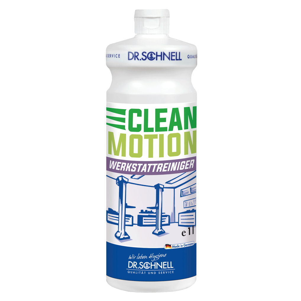 Eine weiße 1L Flasche Dr. Schnell CLEANMOTION WERKSTATTREINIGER von DR.SCHNELL GmbH & Co. KGaA, mit grünem und violettem Text, einer Abbildung einer Autowerkstatt und einem blauen Dr. Schnell-Logo am Boden.