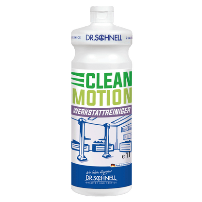 Eine weiße 1L Flasche Dr. Schnell CLEANMOTION WERKSTATTREINIGER von DR.SCHNELL GmbH & Co. KGaA, mit grünem und violettem Text, einer Abbildung einer Autowerkstatt und einem blauen Dr. Schnell-Logo am Boden.