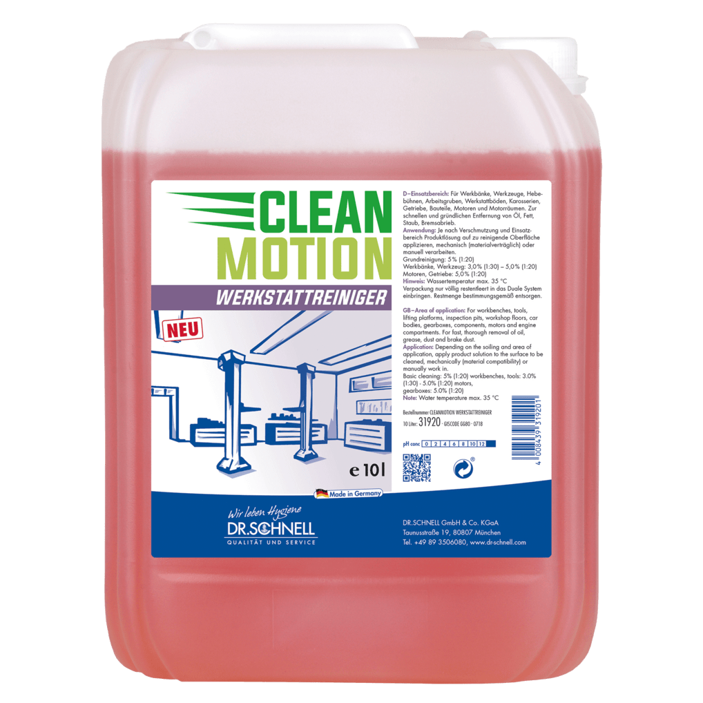 Ein 10-Liter Dr. Schnell CLEANMOTION WERKSTATTREINIGER der DR.SCHNELL GmbH & Co. KGaA mit roter Flüssigkeit und einem Etikett mit Autowerkstattmotiv und deutscher Produktinformation - ideal für die effektive Werkstattreinigung.