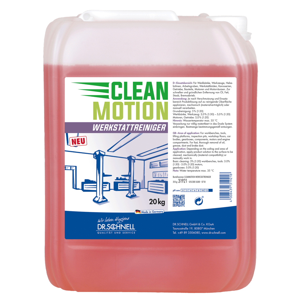 Ein 20 kg Kunststoffbehälter der DR.SCHNELL GmbH & Co. KGaA Dr. Schnell CLEANMOTION WERKSTATTREINIGER mit roter Flüssigkeit und einem Etikett mit Produktangaben, Anweisungen und einer Werkstatt mit Hebebühnen für eine effektive Reinigung.