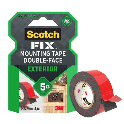 3M Deutschland GmbH:n Scotch-FIX™ -ulkokäyttöön tarkoitettu kaksipuolinen teippi 5412-1915-P, 19 mm x 1,5 m (1 rulla/pakkaus), on säänkestävä asennusteippi, joka kestää jopa 5 kg ja on ihanteellinen ulkokäyttöön.
