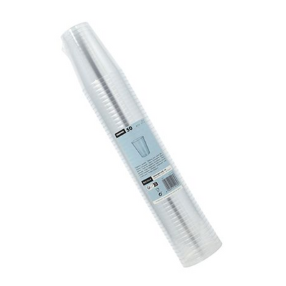 Pino Starpak 50 juomamukia, PS kirkas, on pakattu muoviin, jossa on vaaleansininen etiketti, jossa on merkki Starpak ja tuotetiedot, mukaan lukien 50 mukin määrä.