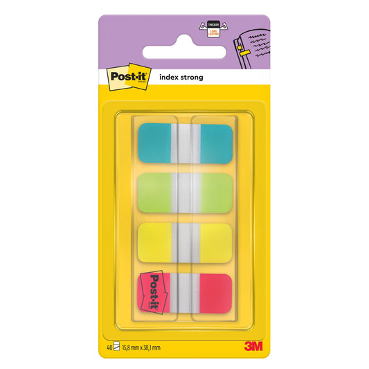 Eine Packung mit 40 Post-it® Index Strong Ablagetabs, Mini (15,8 x 38,1 mm) in gelb, rot, blau und grün von 3M Deutschland GmbH. Die Tabs sind in einem durchsichtigen Spender in Reihen angeordnet; jede Packung enthält einen Spender.