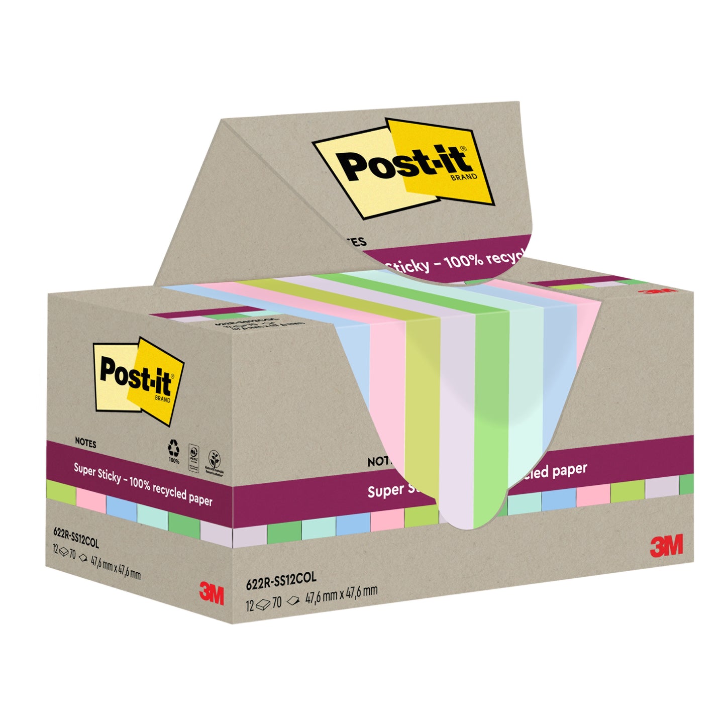 3M Deutschland GmbH:n Post-it® Super Sticky 100% kierrätysmuistilappujen laatikko (47,6 x 47,6 mm, 70 arkkia/lohko, 100% PEFC), josta on osittain vedetty esiin pastellinvärisiä lappuja, joissa on brändilogoja.