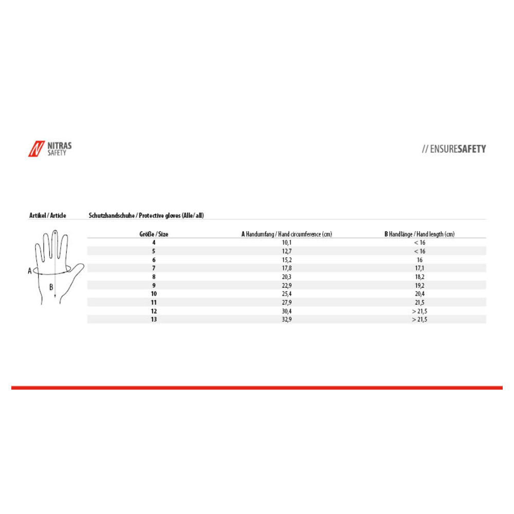 Eine Größentabelle für NITRAS NYLOTEX SOFT HV Nylonhandschuhe der AS Arbeitsschutz GmbH listet Handumfang und -länge (cm) für die Größen 6–12 auf, sowie ein Handdiagramm mit beschrifteten Maßlinien.