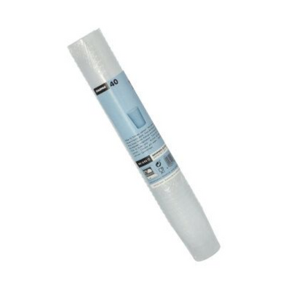 Sylinterimäinen pakkaus, jossa on Starpakin uudelleenkäytettäviä snapsilaseja, varustettuna etiketillä, jossa on tekstiä ja kuvia, mukaan lukien sininen mukipiirustus. Se on pystysuorassa yksinkertaisella valkoisella taustalla. Pakkaus sisältää 40 kappaletta rikkoutumattomia satiinipintaisia 4 cl PP-mukeja.