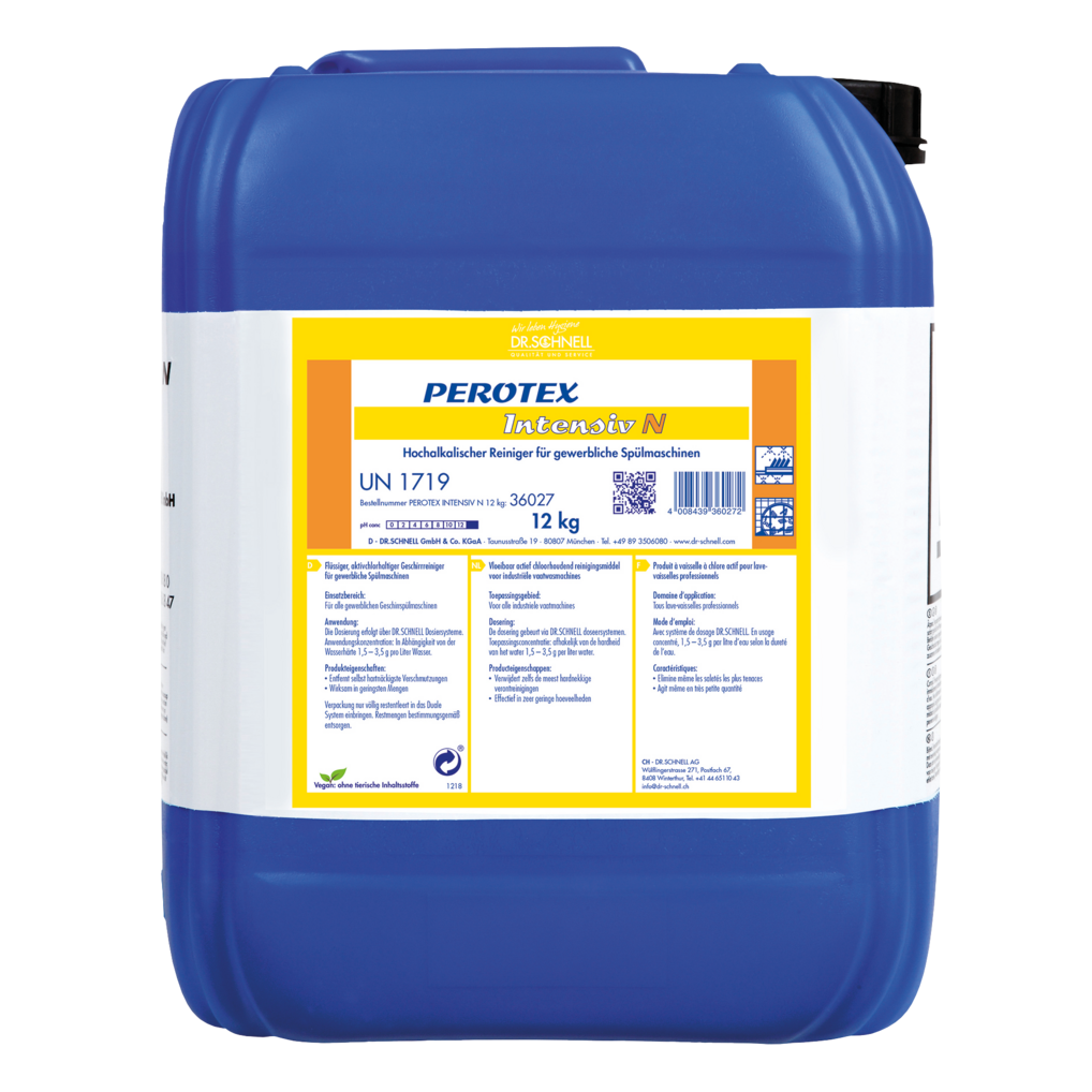 Der Dr. Schnell PEROTEX INTENSIV N von DR.SCHNELL GmbH & Co. KGaA ist ein großer blauer 12-kg-Kunststoff-Geschirrspülreiniger mit schwarzer Kappe, der für den professionellen Einsatz gekennzeichnet und mit Hinweisen und Gefahrensymbolen versehen ist.