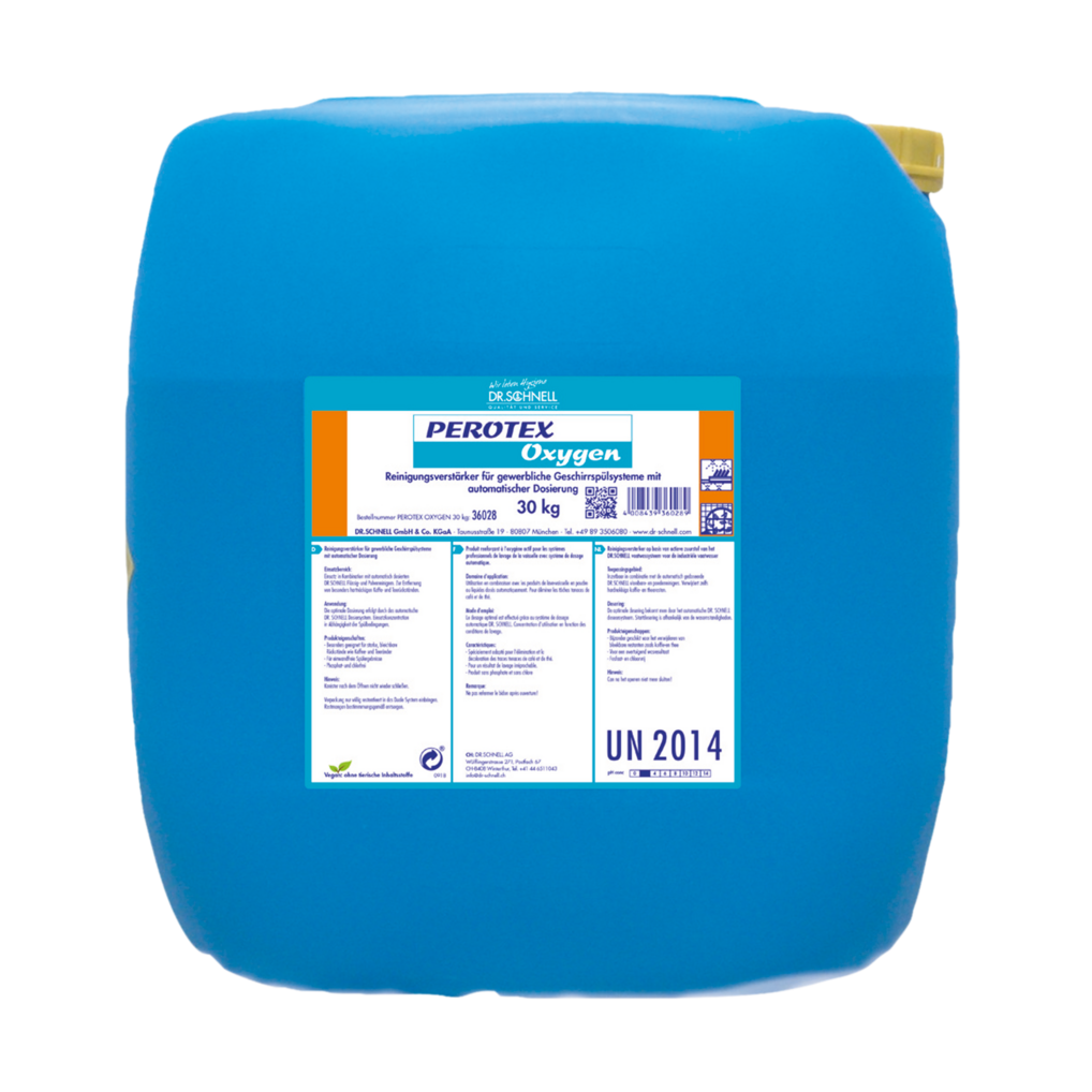 Ein großer blauer 30 kg Kunststoffkanister mit der Aufschrift "Dr. Schnell PEROTEX OXYGEN Reinigungsverstärker für gewerbliche Spülmaschinen, Aktiv-Sauerstoff" der DR.SCHNELL GmbH & Co. KGaA, mit Gefahrenhinweisen, gelber Kappe und weißem Etikett mit Symbol.