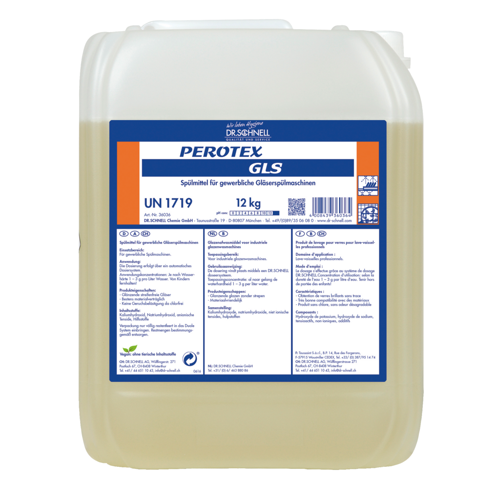 Ein 12 kg Gebinde Dr. Schnell PEROTEX GLS Geschirrreiniger für gewerbliche Spülmaschinen der DR.SCHNELL GmbH & Co. KGaA ist auf dem Frontetikett mit Produktinformationen, Hinweisen und Gefahrensymbolen versehen. Im Inneren ist die hellgelbe Flüssigkeit sichtbar.