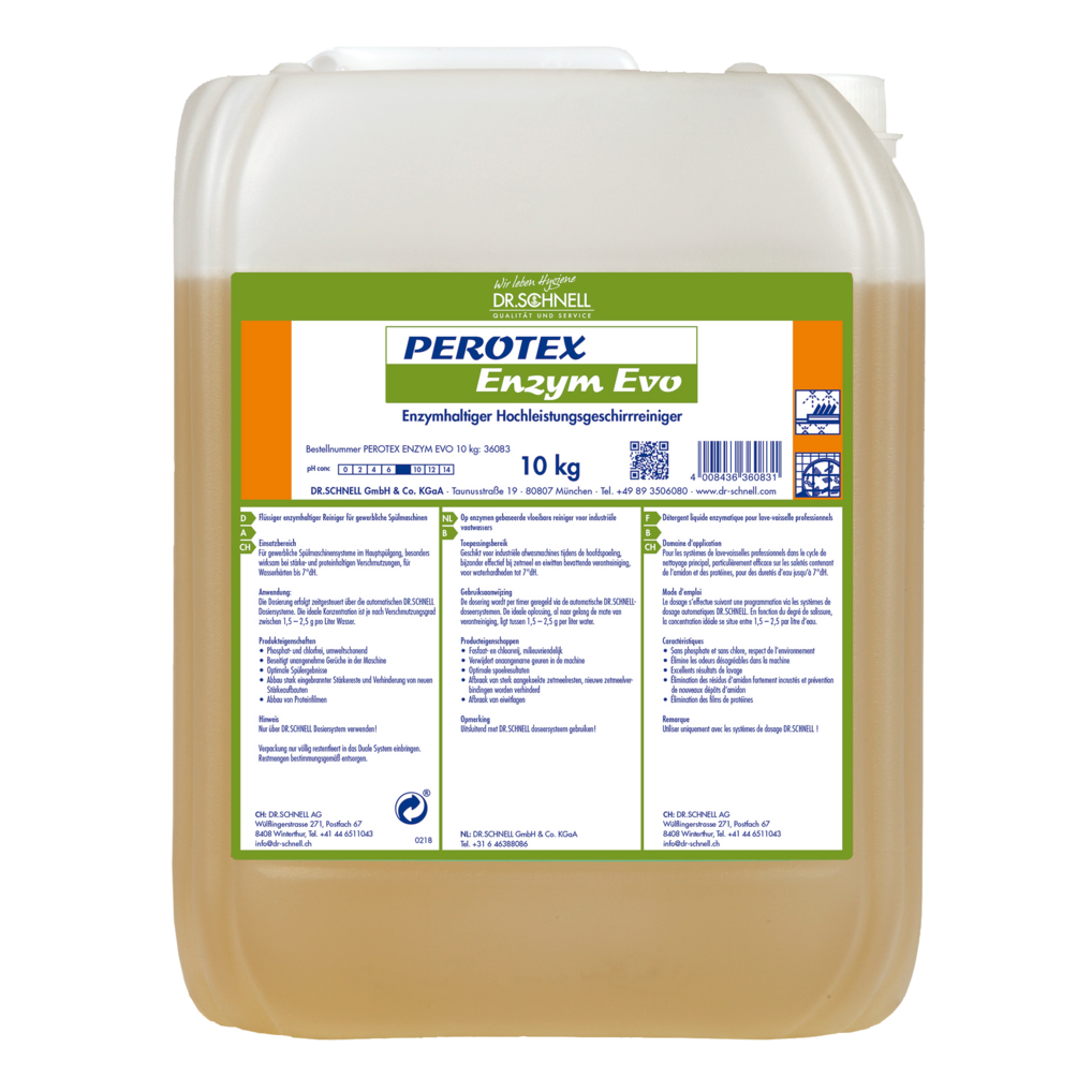 Ein 10 kg transparentes Gebinde von Dr. Schnell PEROTEX ENZYM EVO von DR.SCHNELL GmbH & Co. KGaA, ein enzymatischer Reiniger für den professionellen Einsatz, ist mit einem grün-weißen Etikett mit Hinweisen und Produktangaben sowie einem weißen Deckel versehen.