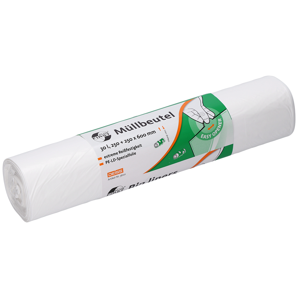 Yksi rulla EMIL DEISS KG (GmbH + Co.) DEISS 36101 roskapusseja, 250+250x600 mm, valkoinen, rulla, jossa on 50 kappaletta. Saksankielinen merkintä, käden symboli ottamista varten, kokomerkintä ja vihreä "easy open" -symboli pakkauksessa.