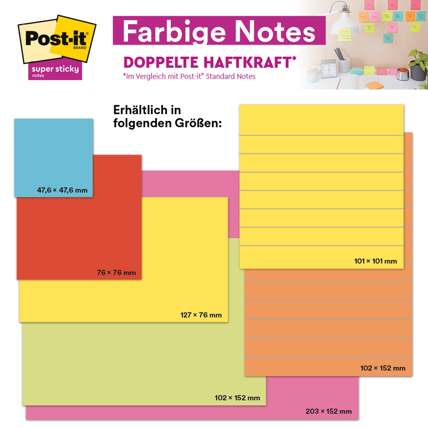 Näyttö 3M Deutschland GmbH:n Post-it® Super Sticky Notes -muistiinpanolapuista isossa koossa, viivoitettu, 101 mm x 152 mm, eri väreissä (4 lohkoa + 2 ilmaiseksi/pakkaus), värikkäillä lapuilla toimistoseinällä taustalla.