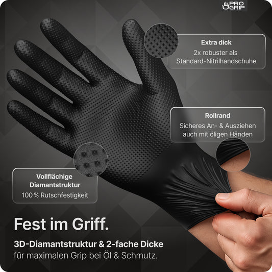 Eine Hand zieht einen ARNOWA GmbH PROGRIP NITRIL DIAMOND BLACK Handschuh an, der mit extra dickem, reißfestem Nitril, schwarzer Diamant-Griffstruktur und gerollter Stulpe für sichere Handhabung sorgt - auch in öligen oder schmutzigen Bedingungen.